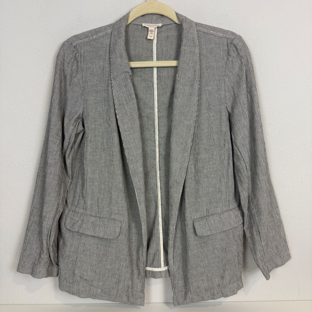 Eileen Fisher Grey White Striped Organic Cotton Linen Open Front Blazer PS